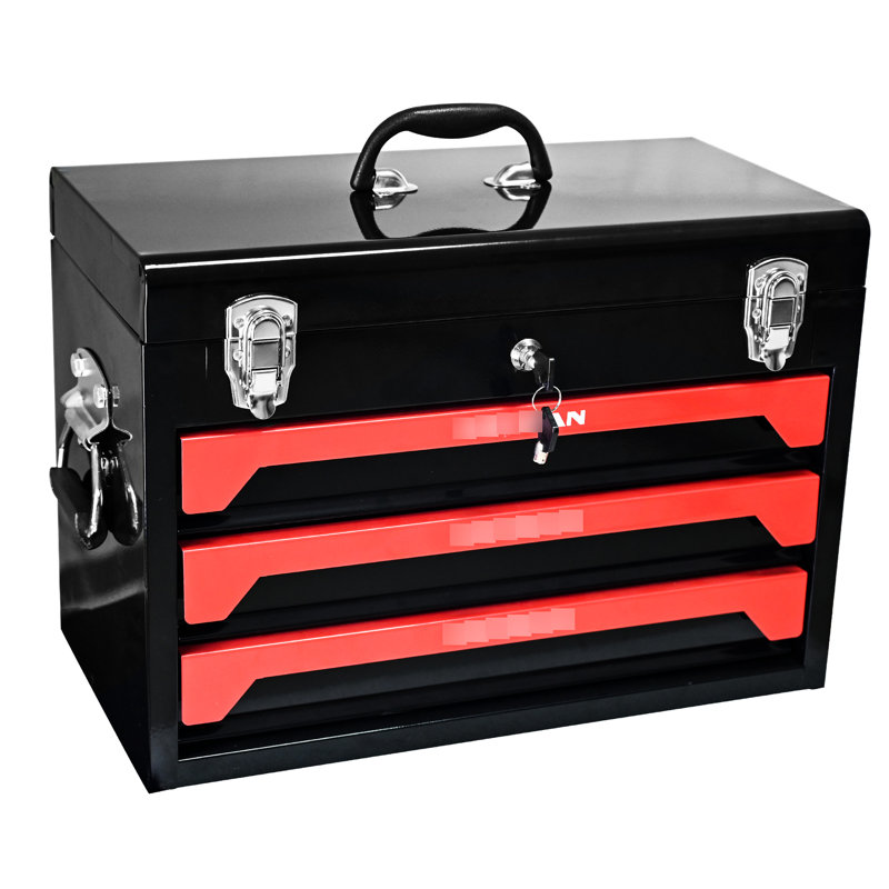 3 Drawer Steel Tool Box, 20" Portable, Black&Red, Bearing Slide, Metal Latch, Robust Storage Solution Portable Secure Option