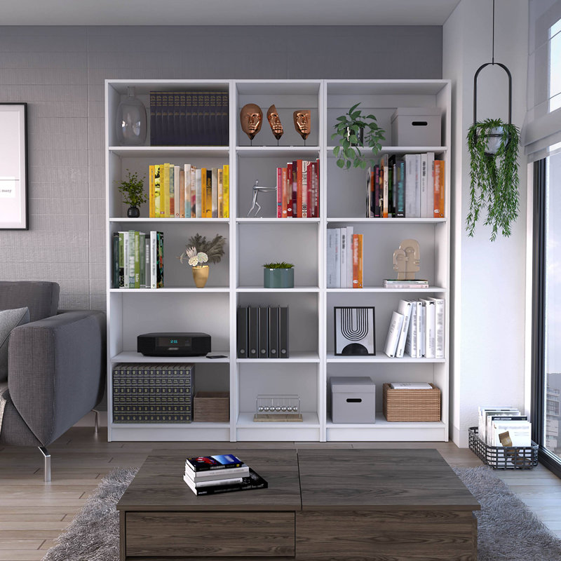 Ensemble de bibliothèque 3 pièces, 67 po de largeur avec 15 tablettes, ensemble de salon, Blanc