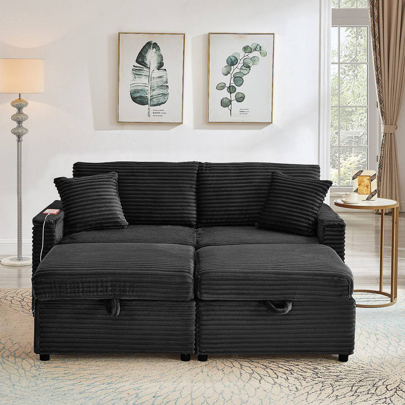 Canapé confortable moelleux en velours côtelé, espace de rangement pour grande causeuse, méridienne super moelleuse avec repose-pieds double et table de bout