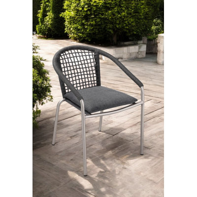 Pangea Home Catlin Aluminum Outdoor Stacking Dining Armchair with Cushion – Rust-Free Frame with Quick-Dry Mesh, Rope Accents & Arrives Fully Assembled