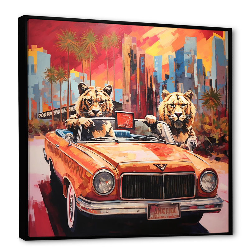 Lions chevauchant un convertible - Art mural lion, Cadre flottant noir, H 30 po x l 30 po x P 1,5 po
