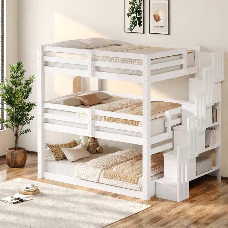 Spacious White Wood Triple Beds With Storage, Multifunctional Design For Family
