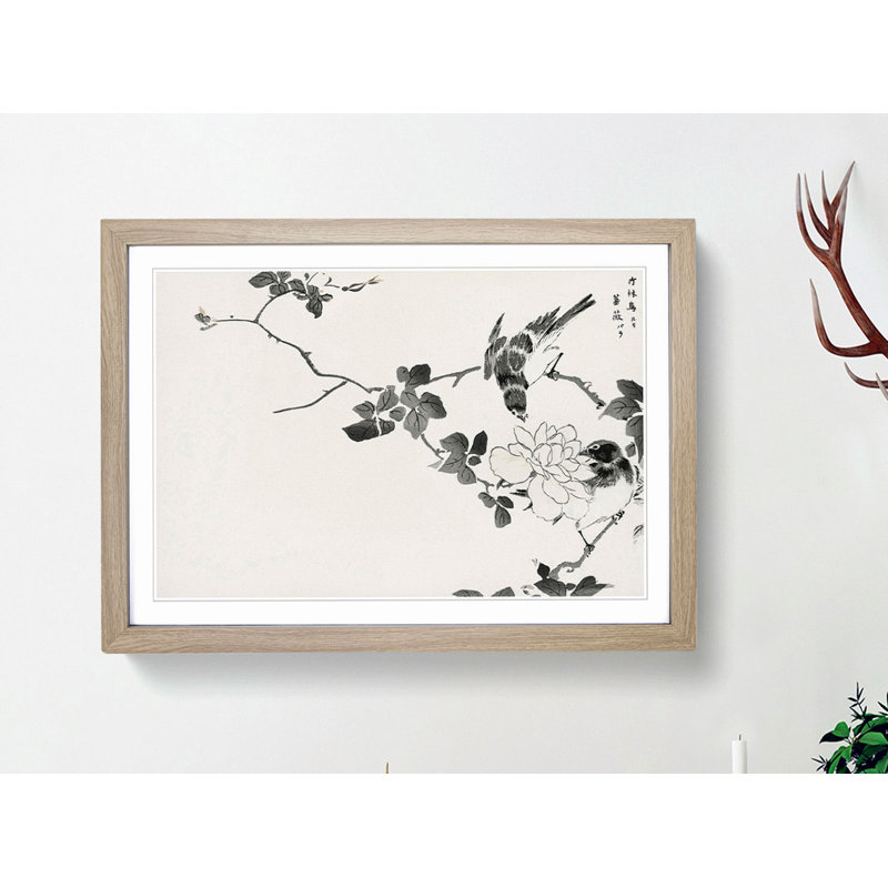 Robin Birds & White Lotus by Numata Kashu - Picture Frame Painting Print, 60cm H x 91cm W x 2cm D, Oak