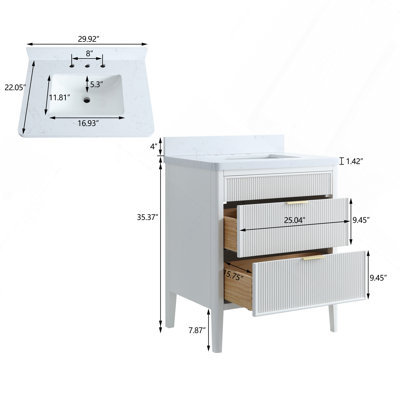 Fully Assembled 30'' White Freestanding Single Sink Bathroom Vanity with Solid Wood Construction and Engineered Marble Top