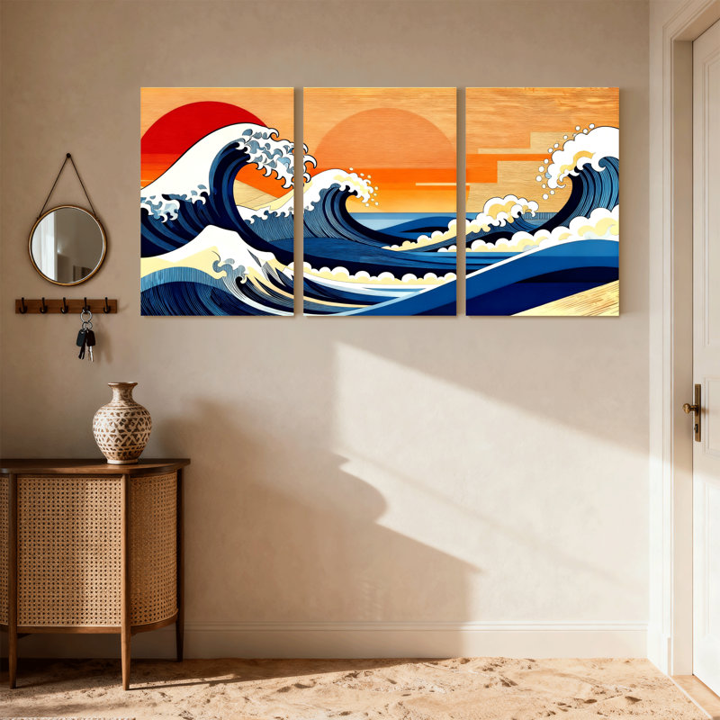 «Nautical & Beach Wave Sunset Ocean», ensemble de 3 reproductions d'art sur toile, H 18 po x l 36 po