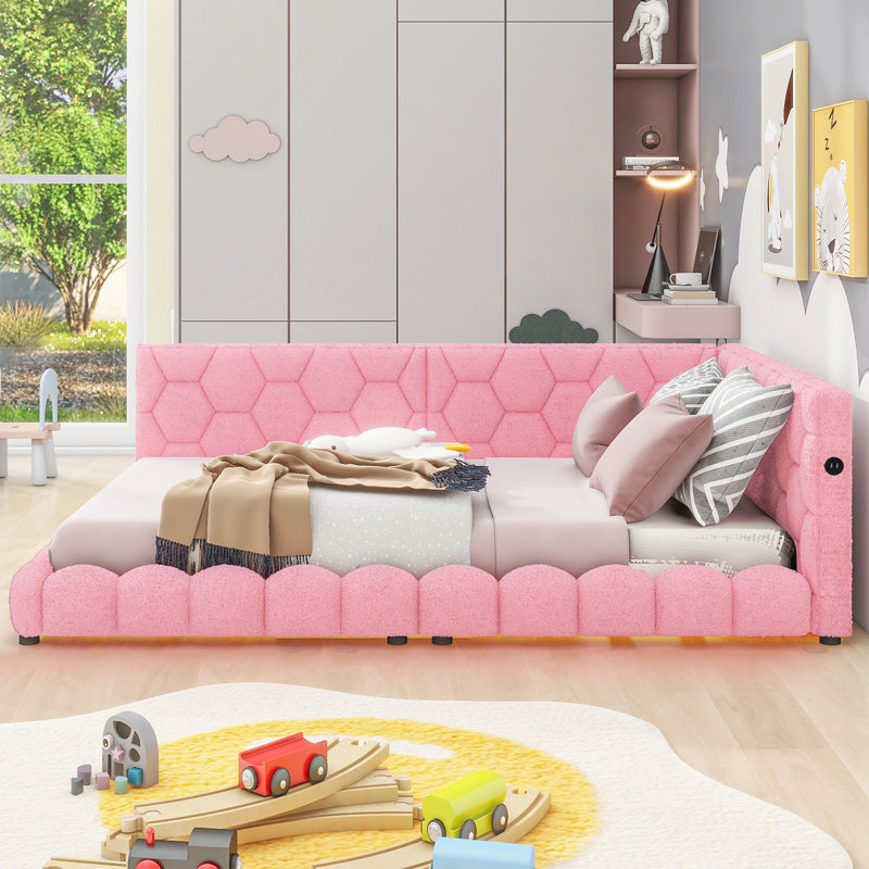 Lit plateforme tapissier pleine grandeur avec ports USB et ceinture à DEL, rose