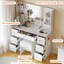 Table de coiffeuse avec 7 tiroirs et 6 tablettes de rangement, avec coiffeuse miroir blanc marbré