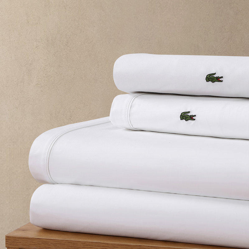 Lacoste Cotton Percale Sheet Set, Cooling & Breathable Bedding, Deep Pocket Fitted Sheet, White, Twin XL, White