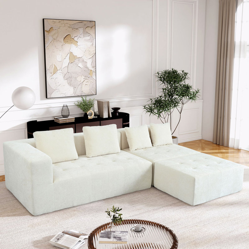 110" Modular Sectional Couch With Reversible Chaises, Beige Polyester