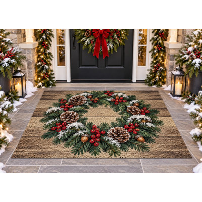 Tapis d'extérieur 152 x 213 cm, motif rustique de pommes de pin et couronne de Noël, en bois, imperméable et résistant, à boucles en PVC, idéal pour terrasse, balcon, entrée ou intérieur. Séchage rapide.