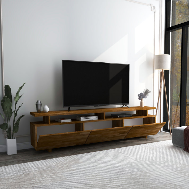 Houa Solid Pine Wood TV Stand for TVs up to 75" with 3 Cabinets & 4 Open Shelves, Walnut