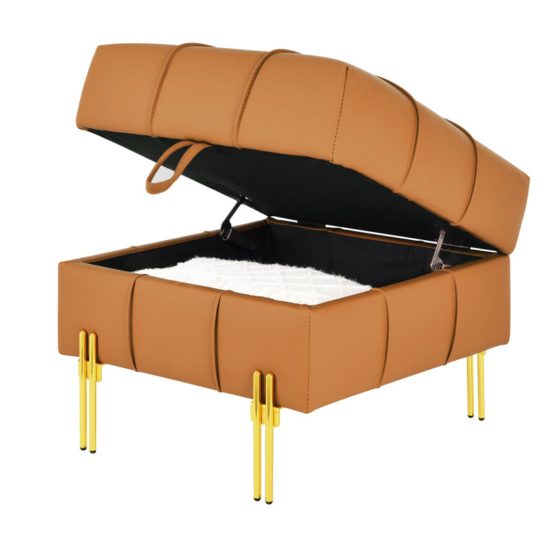 22 Inches Anti-Scratch Leather Storage Ottoman, Pet Friendly Entryway Bench With Golden Stainless Steel Legs, Orange