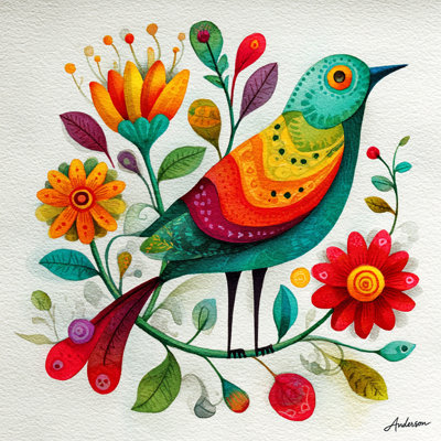 Modern Color Bird and Garden Canvas Print