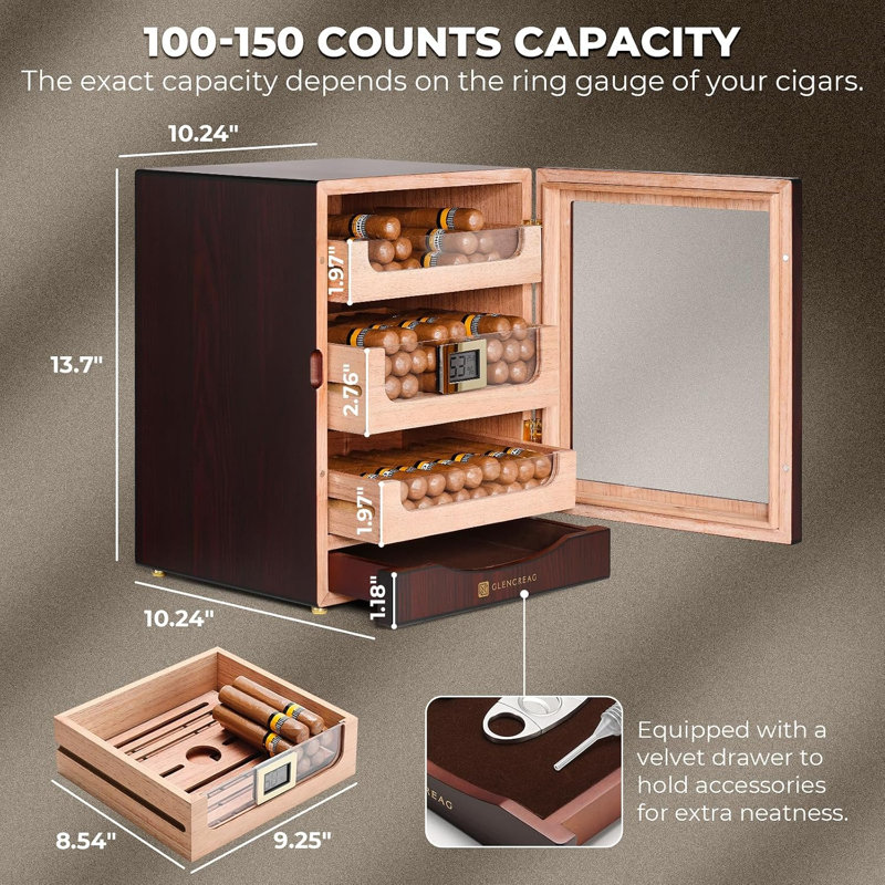 Armoire à cigares pour cigares pour 100 à 150 cigares avec doublure en cèdre espagnol, porte magnétique à fermeture étanche, 3 + 1 tiroirs de grande capacité