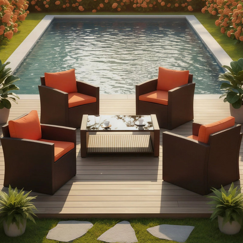 Carlyssa 5 Piece Outdoor Rattan Sofa Seating Group with 2 Tiers Coffee Table, Orange