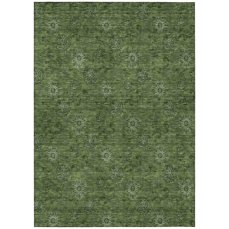 Tapis vert olive à motif floral 10 pi x 14 pi intérieur et extérieur lavable