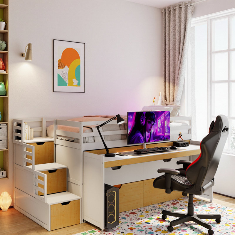 Lit mezzanine avec bureau coulissant et lit gigogne simple, tiroirs et marches, Twin XL, White