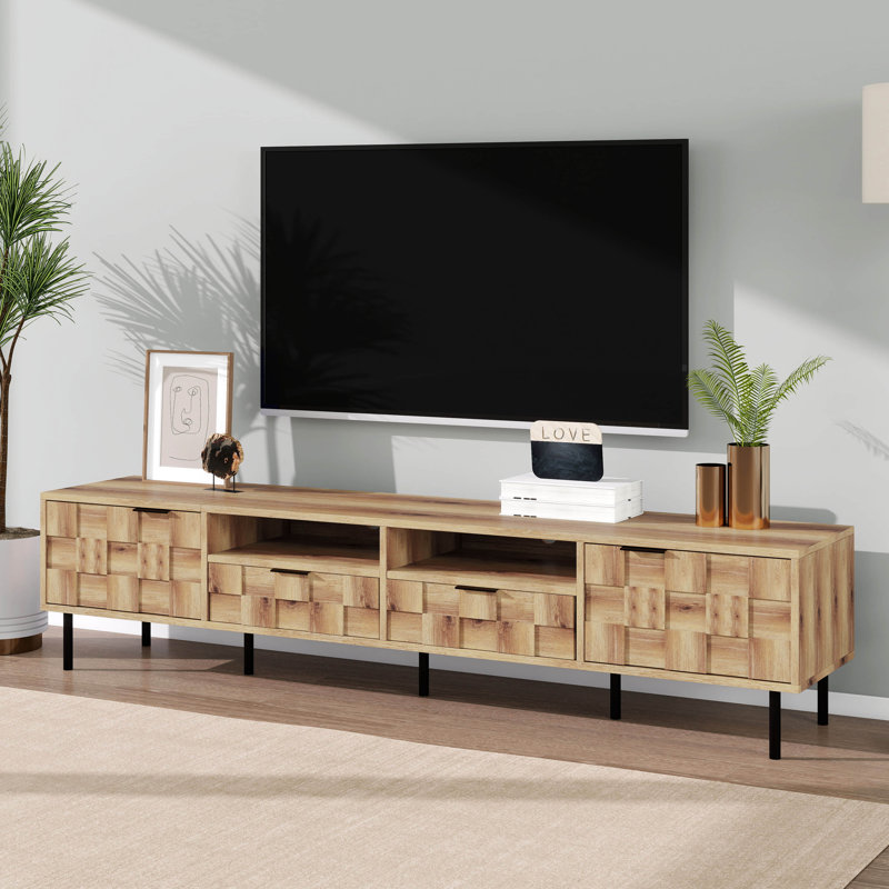 Meuble télé Mid-Century avec 2 tiroirs, console multimédia, Naturel