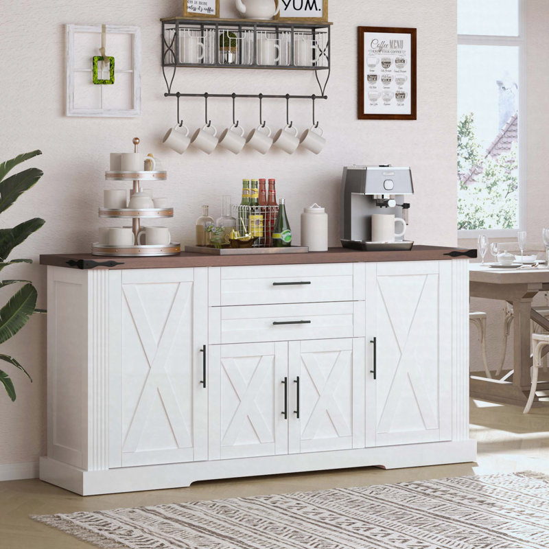 63" Farmhouse Barn Door Storage Cabinet with 2 Drawers and Door Rack, Buffet Coffee Bar Cabinet with Adjustable Shelves