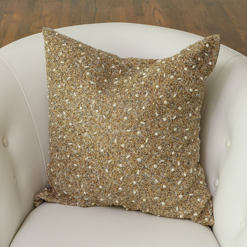 Golden Embroidered Beaded 20" Pillow with Down Fill