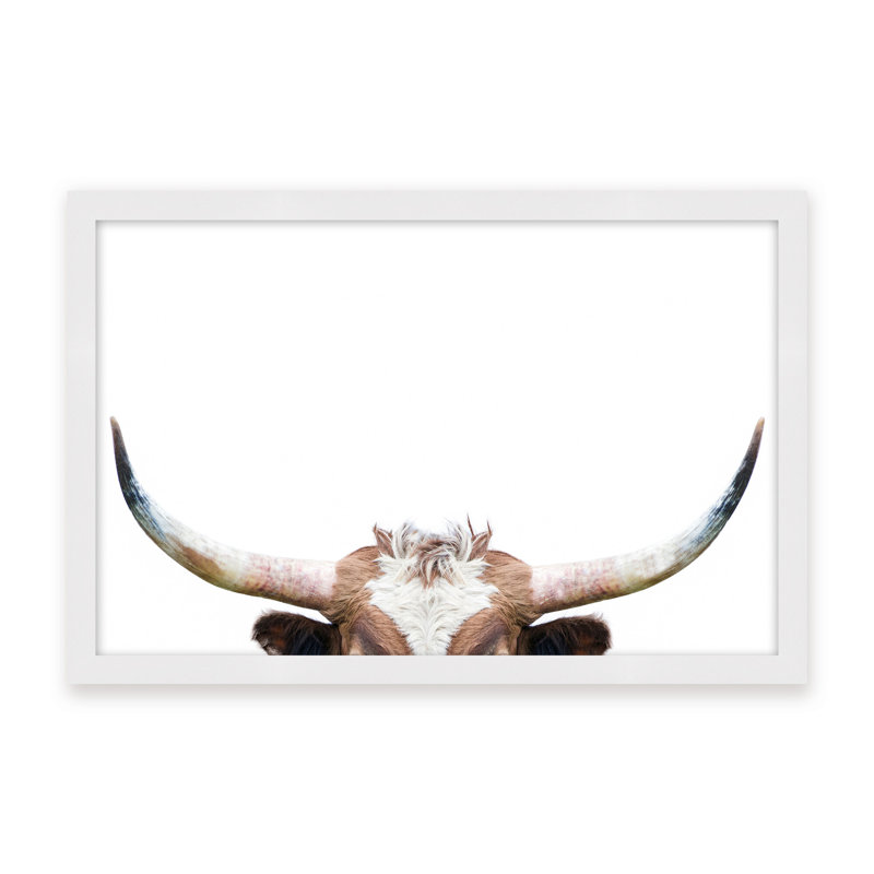 Nature Inspired Peeking Longhorn Cow by  - Picture Frame Photograph on Paper, 16" H x 24" W x 1.125" D, Black