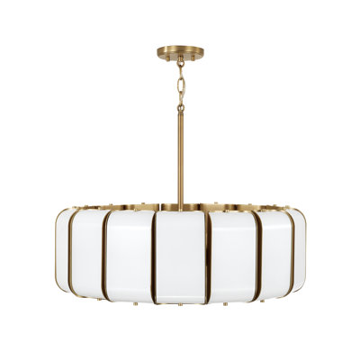 26.5" W x 8" H Integrated LED Pendant in Aged Brass with White Milk Glass Panels