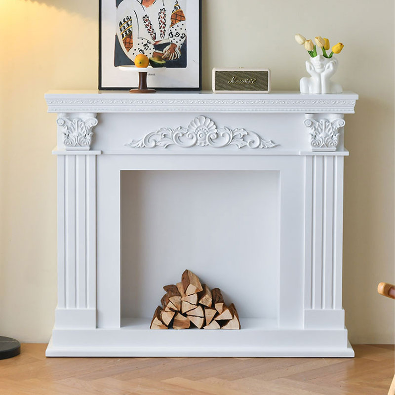 Manteau de cheminée rétro en bois massif sculpté de style européen, Blanc