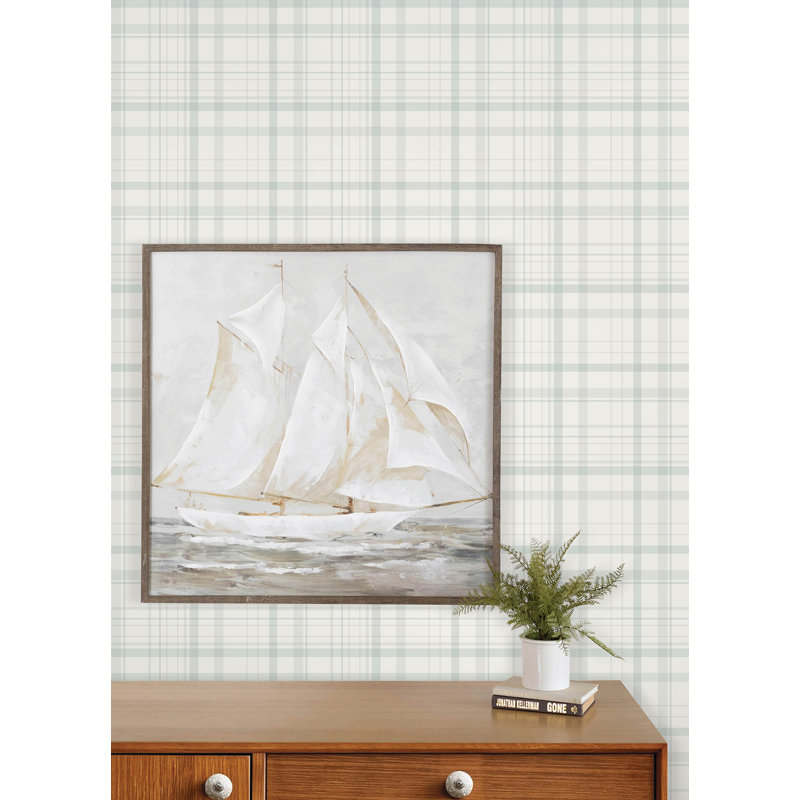 Burgess Charcoal Plaid Wallpaper, Light Blue