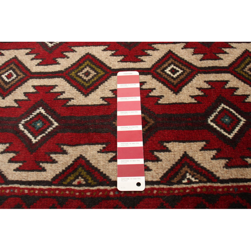 Tapis unique en laine noué à la main 3 pi x 5 pi 6 po nouvel âge Macaluso - rouge / crème / beige