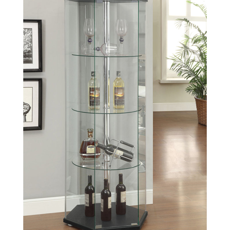 Vitrine à 4 tablettes en verre noir avec forme hexagonale pour la présentation dans les pièces principales