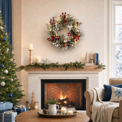 Couronne de Noël pré-illuminée de 61 cm (24 po) avec 20 lumières DEL, pommes de pin enneigées, feuillage de pin réaliste en PVC, décoration de Noël intérieure et extérieure
