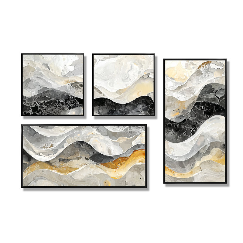 Abstrait gris doré sans limite Reverie II - art mural abstrait 4 pièces, Reproduction encadrée sans passe-partout, Noir