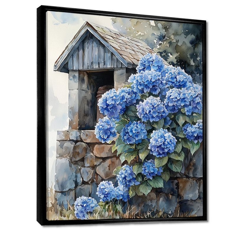 «Hydrangeas By The Farm Well I - Hydrangea», reproduction sur toile encadrée, Noir, Reproduction avec cadre flottant
