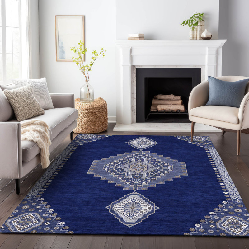 Washable Rectangular White and Navy Medallion Synthetic Rug