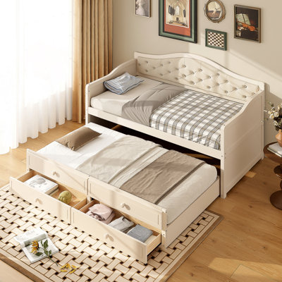 Lit de jour avec lit gigogne et 2 tiroirs de rangement, lit de jour en bois avec dossier capitonné à boutons pour le salon, la chambre à coucher, la chambre d'amis