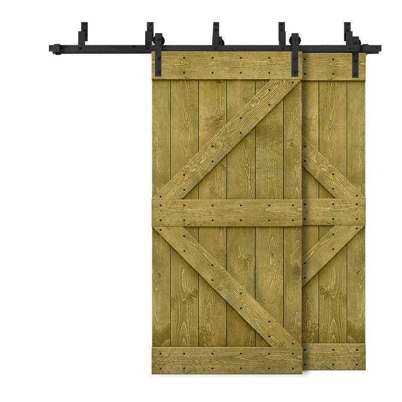 Porte de grange à panneaux et en bois avec quincaillerie d'installation, 52 po x 84 po, Vert jungle