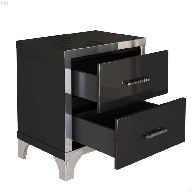 Élégante table de chevet ultrabrillante avec poignée en métal, table de chevet à miroir avec 2 tiroirs pour la chambre à coucher et le salon