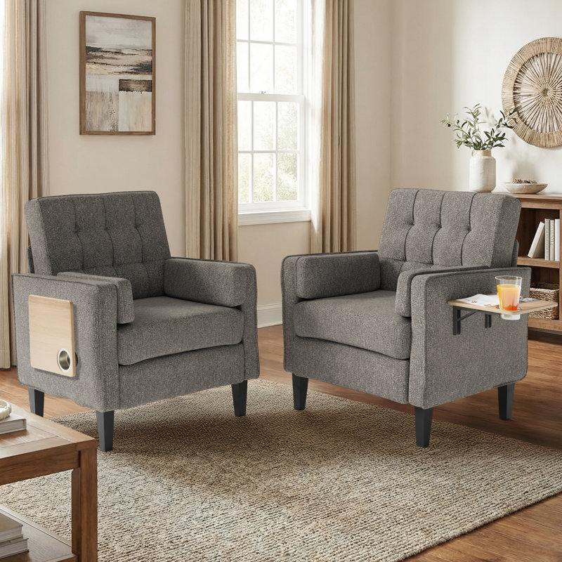 29" Wide Upholstered Solid Wood Accent Chair With Folding Side Table, Gray