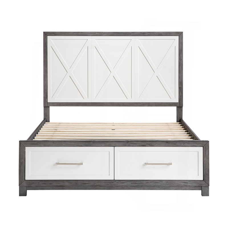 Grand lit plateforme avec rangement au pied de lit, finition ivoire et grise, idéal pour les chambres modernes et peu encombrantes
