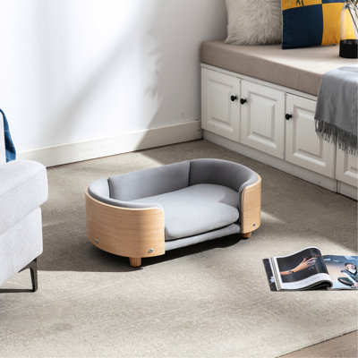 Petit animal de compagnie de conception scandinave avec pieds en bois massif, dossier courbé, coussin en velours lavable, matériau respirant, mousse rebondie, - égratignure, imperméable, teinté, installation en 1 minute, base de lit de style gris,