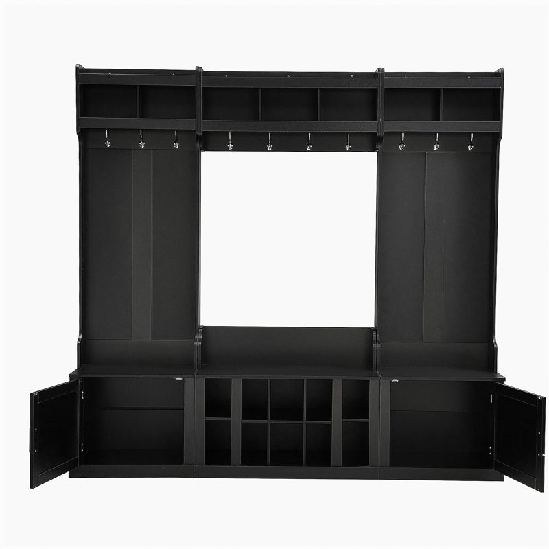Arbre d'entrée large avec rangement et banc, banc d'entrée multifonctionnel 4-en-1 avec portemanteau et casiers à chaussures, mobilier pratique pour le couloir