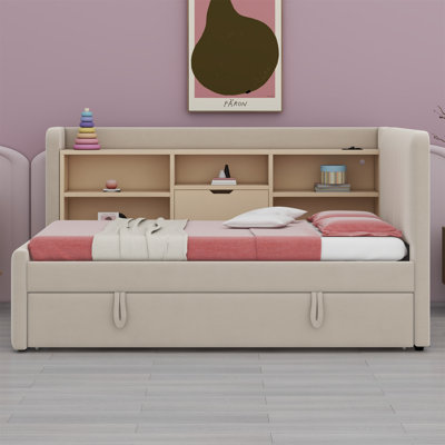 Upholstered Daybed With Trundle, Storage Shelves, USB & Outlet