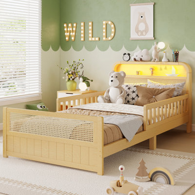 Rattan Bed Frame With LED Lights And Storage Headboard, Twin Size Platform Bed With Safety Guardrails For Kids