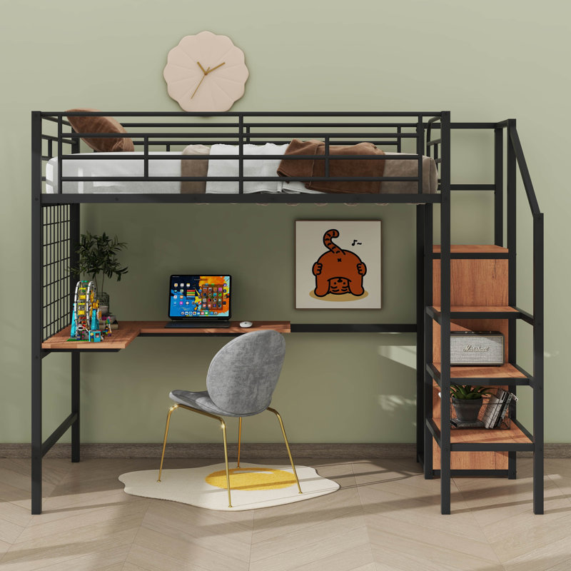 Lit mezzanine en métal avec bureau et grille en métal, Simple, Noir
