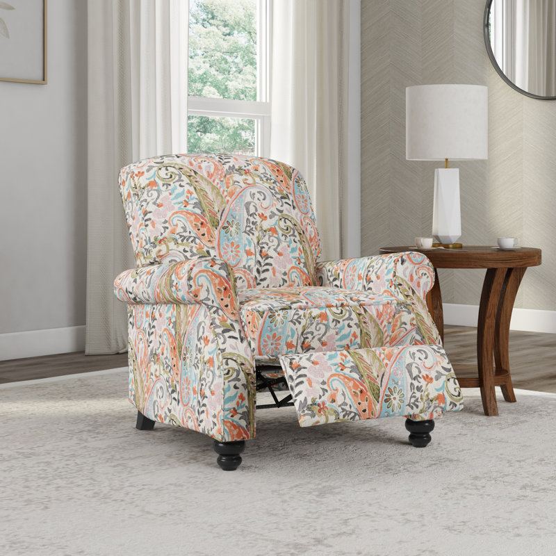 Gwin Manual Standard Push Back Recliner, Mango Orange Multi Paisley Polyester