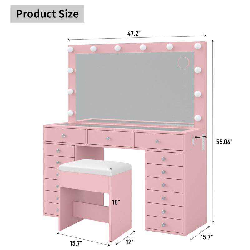 Vanity Desk With Power Outlet, Makeup Vanity With Mirror And 12 LED Lights, 3 Lighting Modes,15 Drawers Vanity Table With Chair, Dressing Table With Glass Top