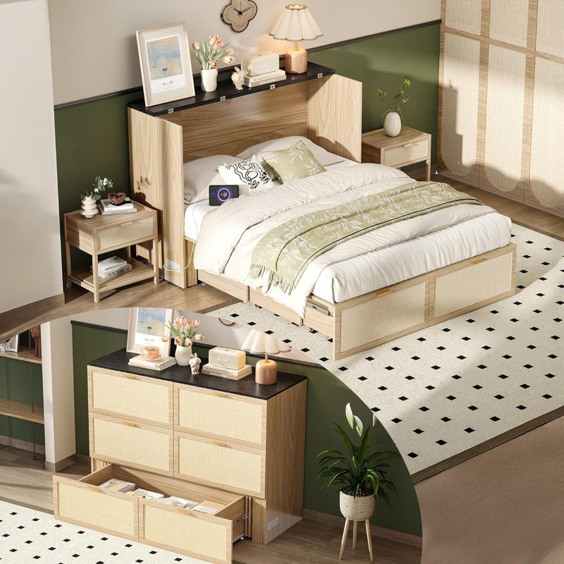 Grand lit escamotable en rotin avec tiroir de rangement, lit armoire peu encombrant pour enfants, adultes et invités, beige