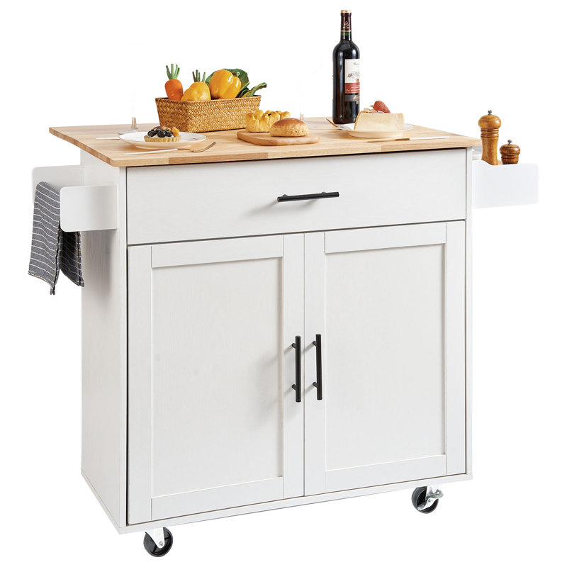 Îlot de cuisine en bois massif 35,4 po Winston Porter, chariots mobiles avec support à épices, porte-serviettes, abattant et tiroirs