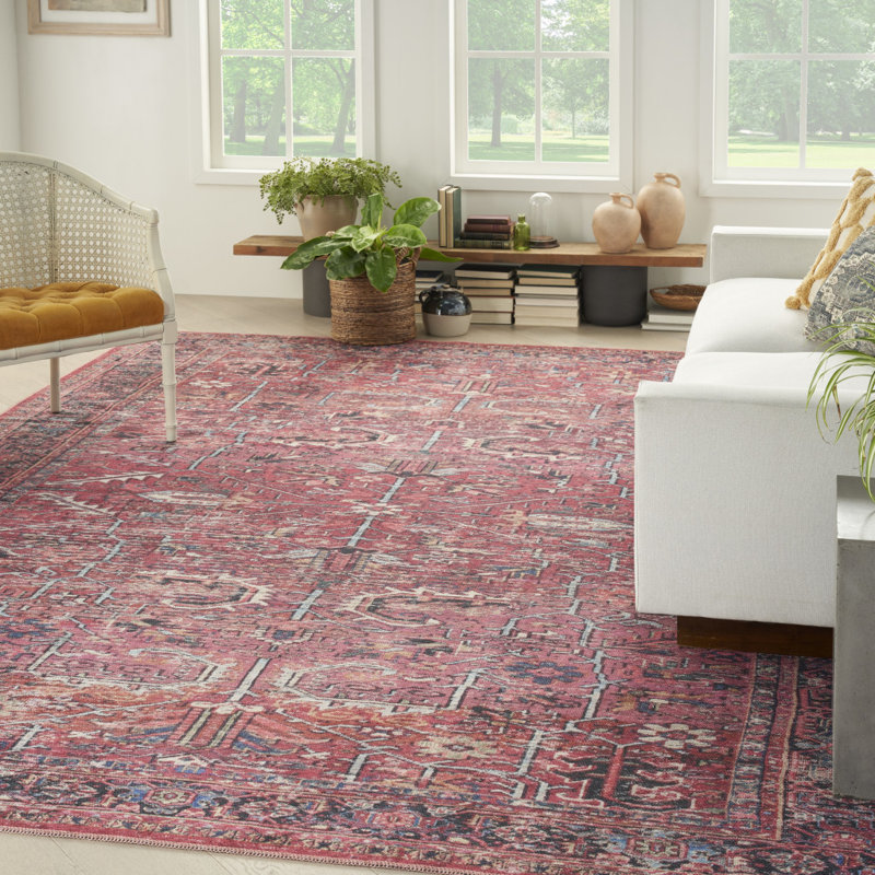 Tapis floral rouge tissé à la machine 9 pi x 12 pi
