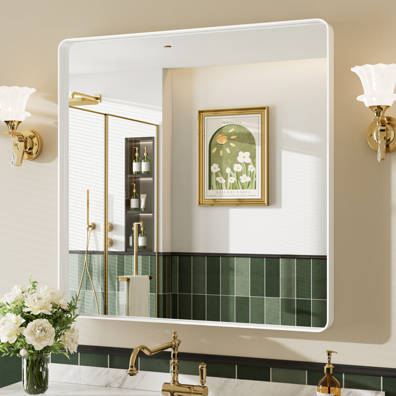 Miroir de salle de bain mural Llesenia, 36 po x 36 po, Blanc, Carrée